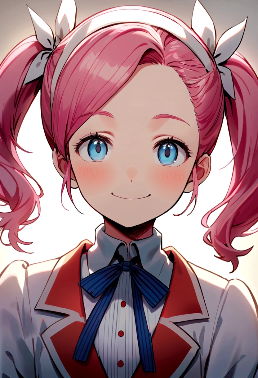 A presentation of Jani Turtle's painting style+Cute and friendly Jenny Turtle+Close-up shooting angle+The light is bright+Crisp and detailed image quality(pink hair, twin tails twin drill, show your forehead, blue eyes, White frilled white headband, slanted eyes, smile, long sideburns, curled bangs, neck ribbon, Forehead, amount),