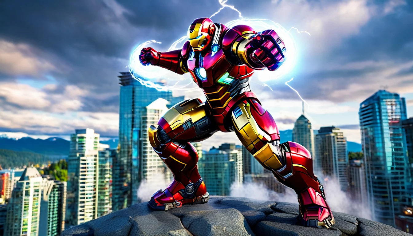 Hulkbuster ready for battle, Downtown Vancouver, high-quality artwork, realistic style, vibrant colors, detailed metal armor, glowing white arc reactor, intense lighting, cityscape background, heroic pose, dramatic shadows, black red and yellow suit, repulser cannons on shoulders, dynamic motion, slams fist into ground, rockets out of arm, epic superhero