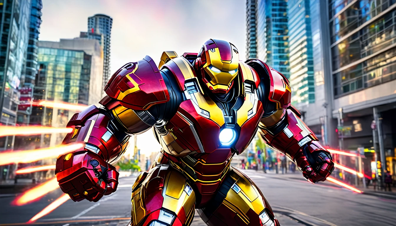 Hulkbuster ready for battle, Downtown Vancouver, high-quality artwork, realistic style, vibrant colors, detailed metal armor, glowing white arc reactor, intense lighting, cityscape background, heroic pose, dramatic shadows, black red and yellow suit, repulser cannons on shoulders, dynamic motion, slams fist into ground, rockets out of arm, epic superhero
