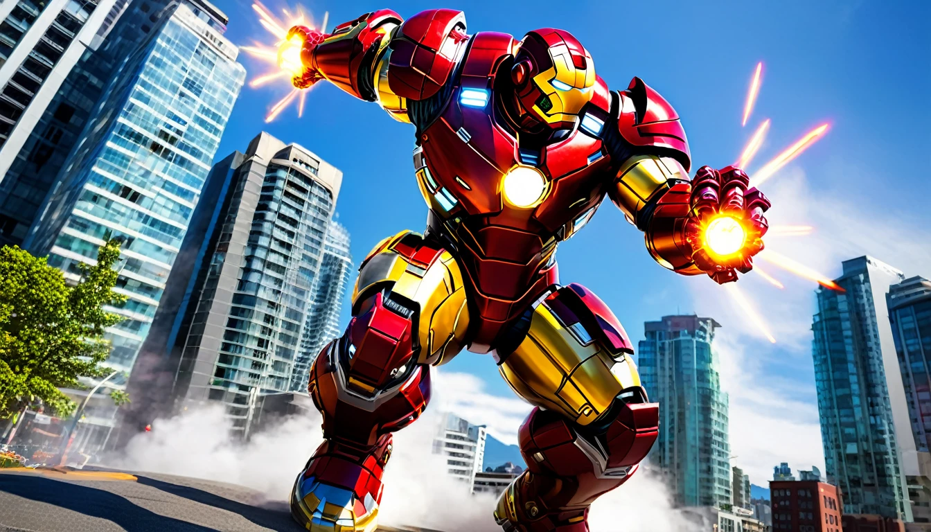 Hulkbuster ready for battle, Downtown Vancouver, high-quality artwork, realistic style, vibrant colors, detailed metal armor, glowing white arc reactor, intense lighting, cityscape background, heroic pose, dramatic shadows, black red and yellow suit, repulser cannons on shoulders, dynamic motion, slams fist into ground, rockets out of arm, epic superhero