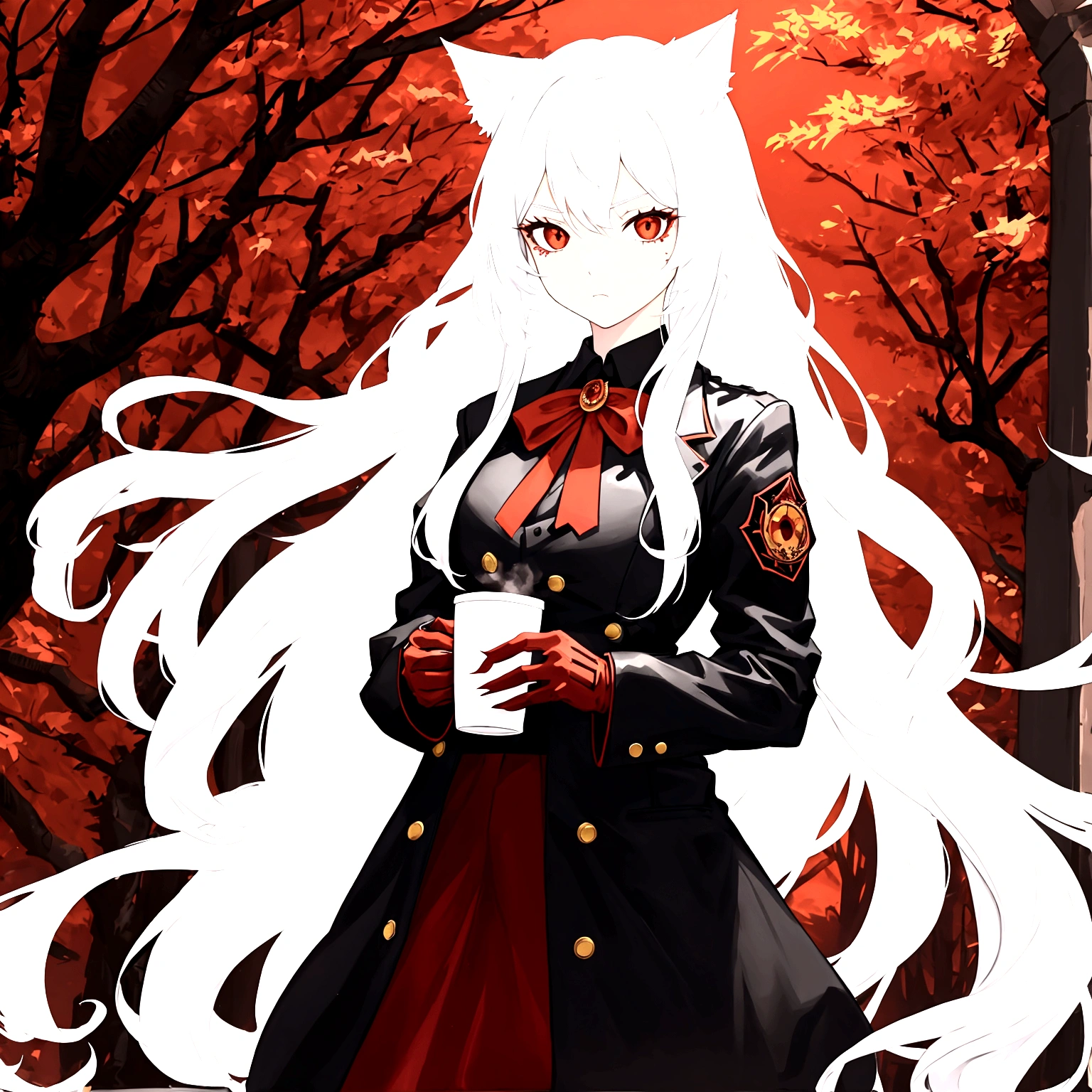1 girl, beautiful, cool, intimidation, long hair, white hair, cat ear, red eye, black jacket, red butoned shirt, black gloves, holding a cup coffee, nature place, anime