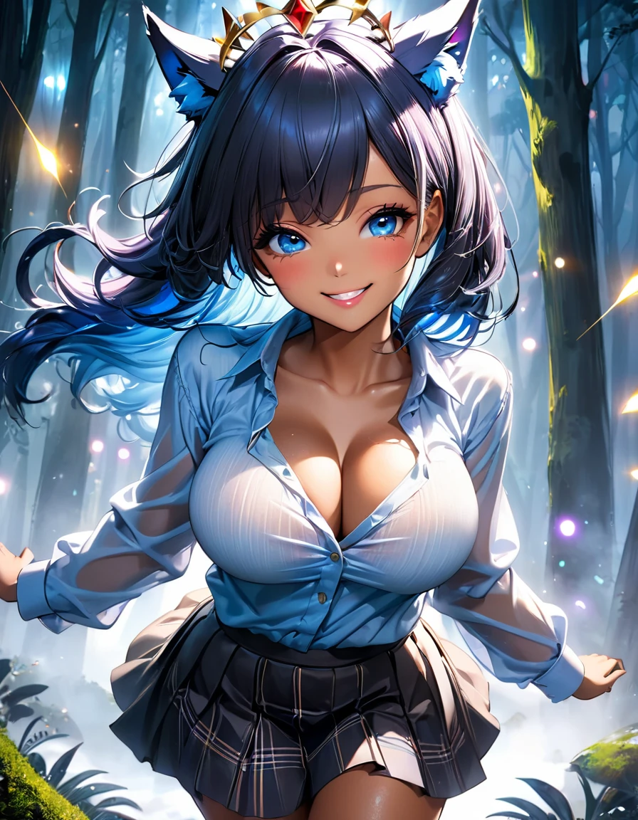 High angle view of an exuberant black dark girl y bigcote atraente Pamela Anderson com ASAS de Angel Black dark neon brilhantes, her espetado com gel red blue hair adorned with shiny bangs and eyes sparkling with diamonds magic, smile revealing the joy of her soul, wearing a flannel shirt and skirt, her head crowned with playful wolf ears, standing amidst an enchantingly mystical forest, envision this scene as anime created in the style of a digital oil painting, lights gently seeping through the cinematic mist and splayed across this eth
