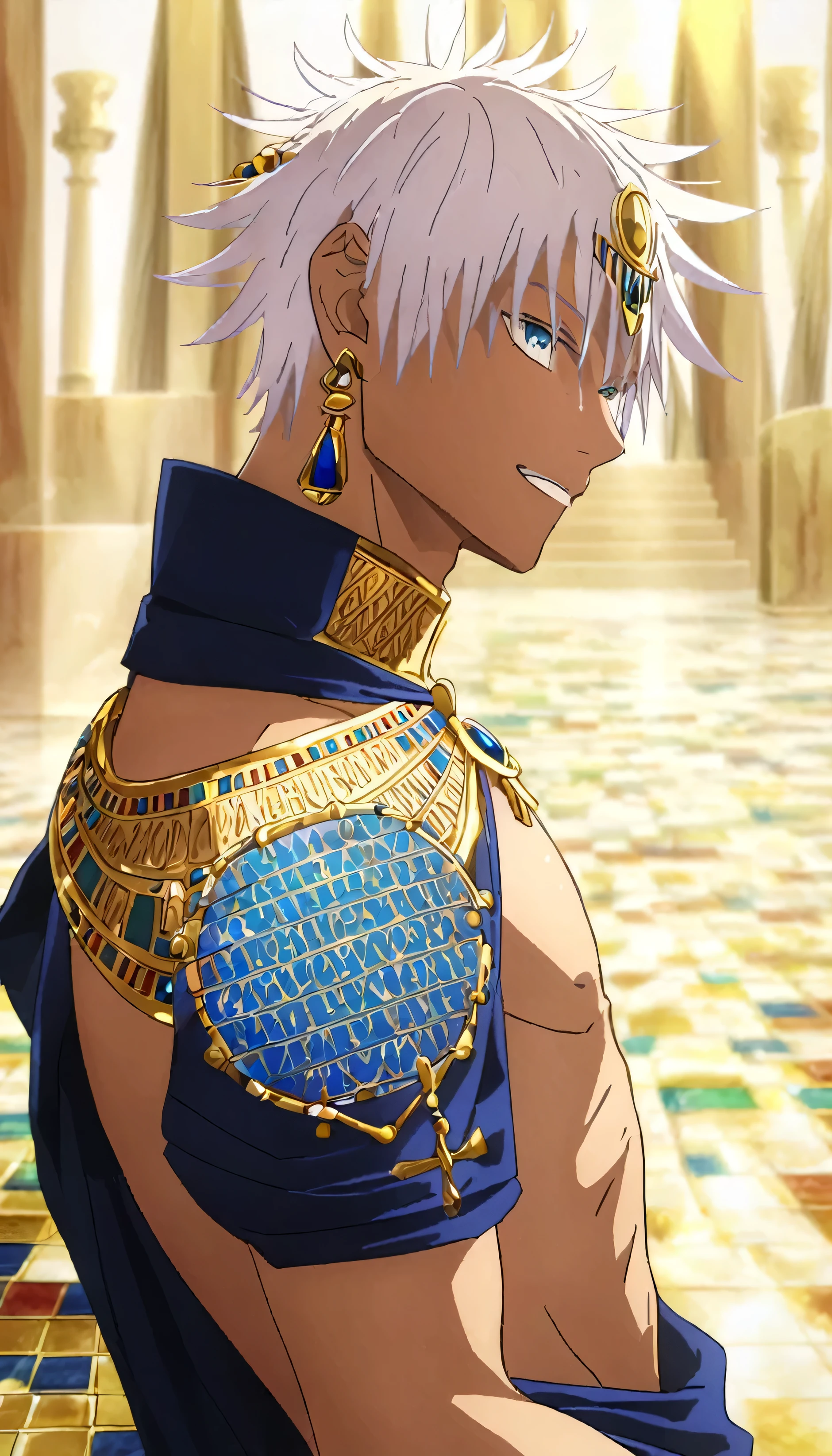 best quality, 32k quality, masterpiece, Extremely detailed, distant view, boy, blue eyes, solo, Egyptian royalty, (ancient egyptian clothes:1.3), bare shoulders, revealing clothes, Egyptian jewelry, luxury, Men's Egyptian, erotic clothing, Men's, Egyptian hat, ultra detailed face, palace, sunlight, elaborate, stunning picture, usekh collar, golden jewelry, Inside a room packed with jewels and gold, Male, masculine, Expressive, naturalistic, good lighting, Looking at the screen, one hand on the head and one hand in front of the hips, Hair in the wind, Vibrant colors, smile on your face, Sensualizing for the camera, looking confident 