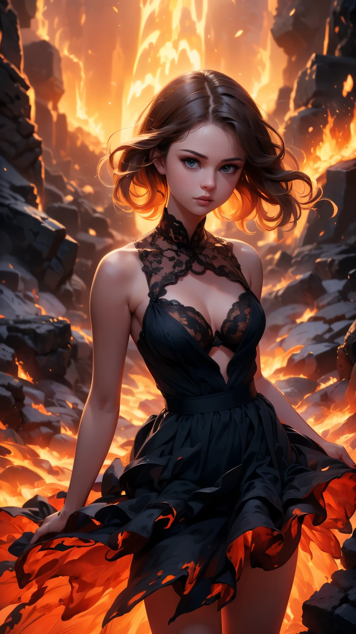 (La Best Quality,A high resolution,Ultra - detailed,current),Selena Gomez in a dress made of lava magma, (cabello elemento fuego:1.4 ) , (fire magma dress :1.4), ,(Ruined dungeon ruins background:1.4 ), More detailed 8K.unreal engine:1.4,uhd,La Best Quality:1.4, photorealistic:1.4, skin texture:1.4, Masterpiece:1.8,first work, Best Quality,object object], (detailed face features:1.3),(The correct proportions),(Beautiful blue eyes),  (dynamic cowboy pose), (Selena Gomez :1.4), (perfect anatomy :1.4),( cinematic lighting :1.4), (face detailed Selena Gomez :1.4), (magma alas grandes :1.4),( magma lingerie lace style :1.4), (skirt lifted by itself: 1.1), (skirt lift: 1.3), (showing white panties: 1.3), (fire element:1.4),(It consists of a fire element, (rodeado de magma lava:1.4), (vestido de magma V2.1), (piedras grandes magma negro :1.4), (including wisps of flames:1.4) , glowing hot embers, (subtle curls of smoke:1.4) , and a beautiful fire druid. (The druid stands in the midst of a raging inferno with an interesting composition:1.4) .(lava :1.4), (essence of fire:1.4) , painting of a firery demon elemetal