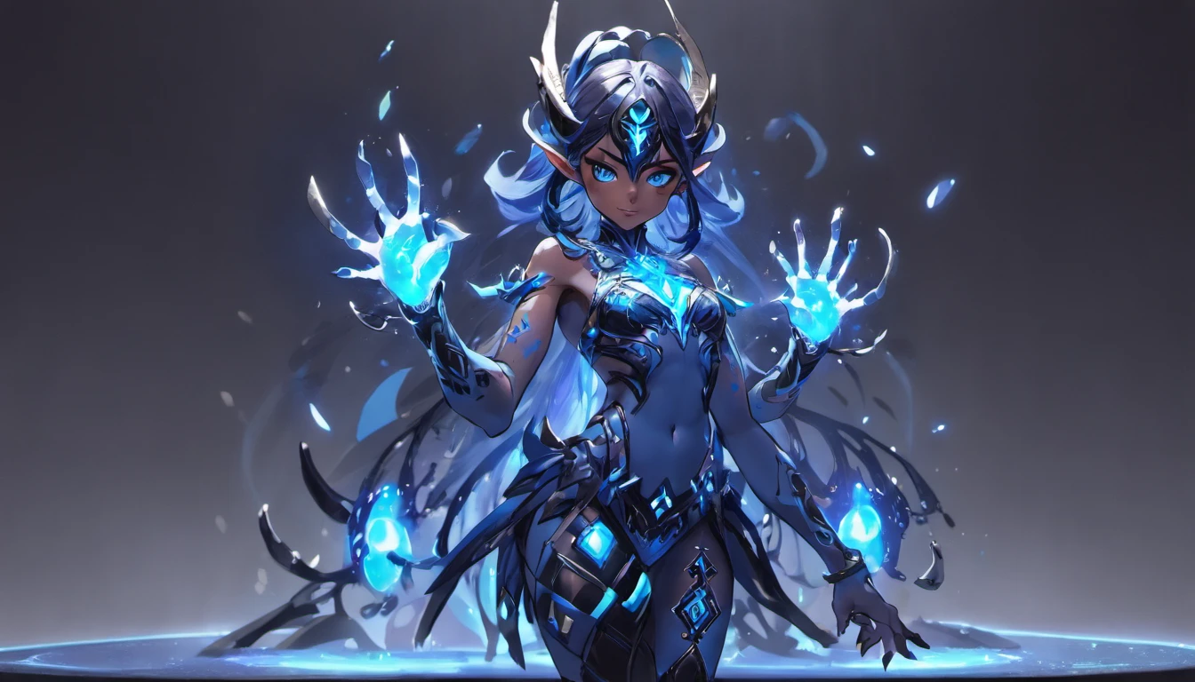 blue humanoid cavatar with bioluminescent avatar markings, full body, bare feet, magical technological tribal clothing, dots and patterns on its skin. Pointy elf ears. avatar like hair, hair color: black, bright sparkling blue eyes, slightly shimmering iridescent blue skin. female, warrior like, magical and mystical, Detailed and realistic. Blue skin tone only. Only blue colored skin. Skin color all blue. Wide and deep scenery, dynamic scene with a sense of movement, several planes of depth, magical light with cold tones, brilliant aura.