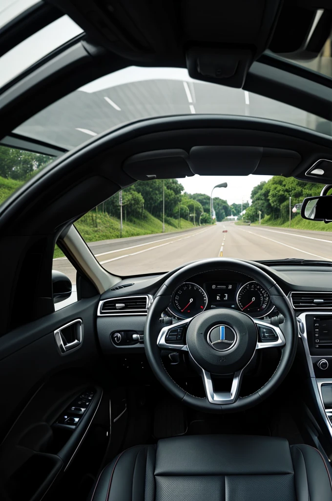 a car with an empty steering wheel and seats, with a road background and traffic signs.