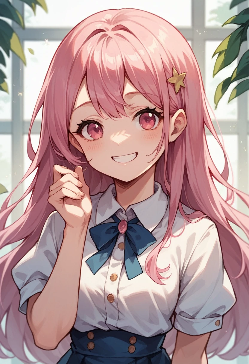 One 1 cute smiling anime girl with pink hair and pink eyes wearing good school dress smiling ( Masterpiece)