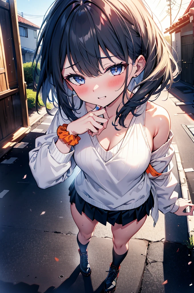 1 female,black hair,((12 years old)),(((White and blue sports bra and shorts)))(((blush、open mouth smile)),(((Yuki Mikan))),crowd(Baby girl body shape)(((small breasts)))squat,((wet with sweat))Outside playground,Mansuji