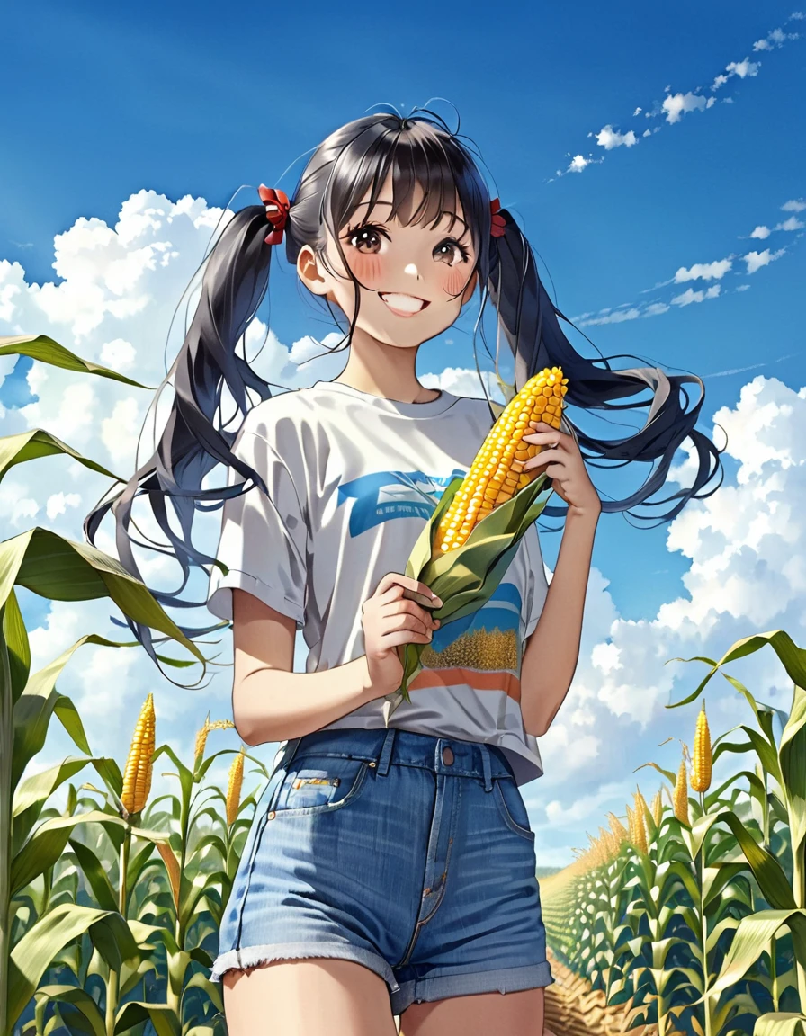 A beautiful girl eating corn in a corn field, light blue long hair, twin tails, bright smile, blue sky, white clouds, T-shirt, denim shorts,Surrounded by lots of corn