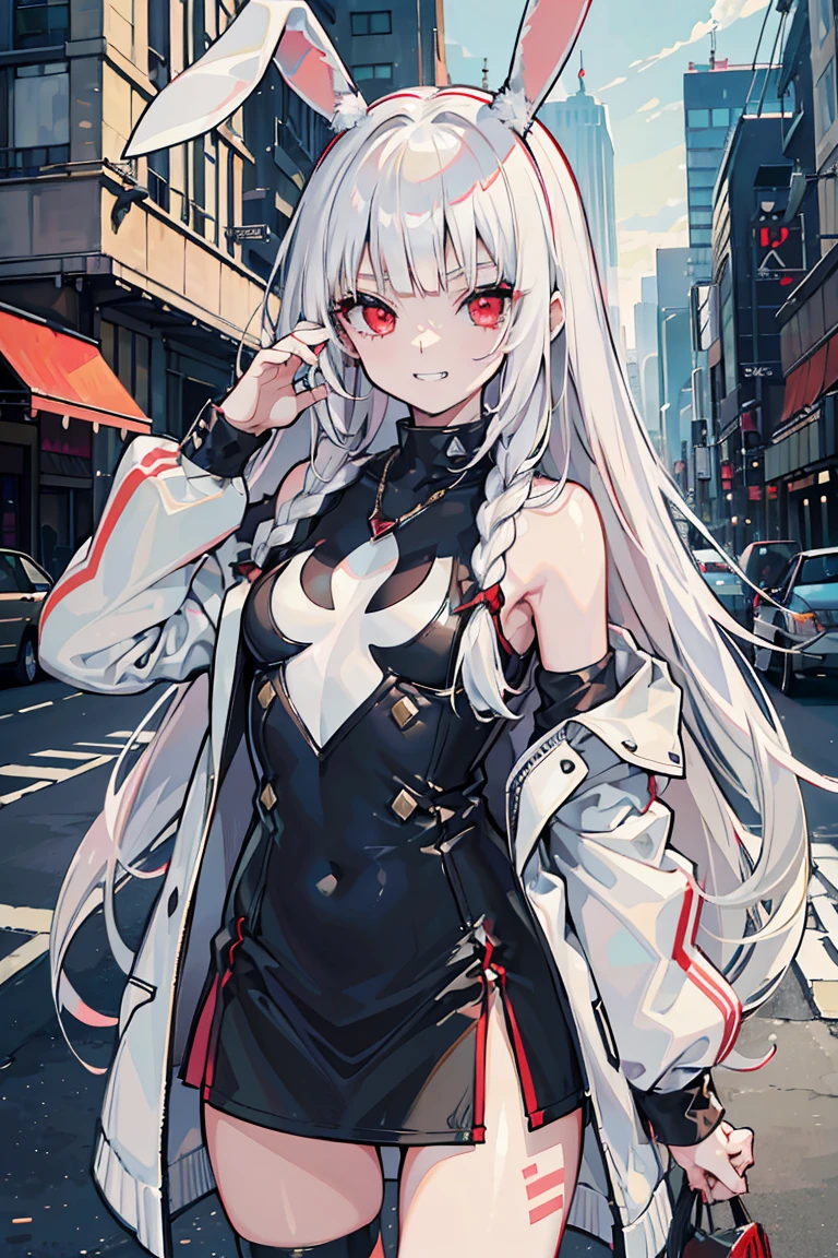 (1 Girl), (Bunny ears),Low exposure, (Beastman),(super high quality), masterpiece, wild, cute, Casual Scene, Relaxed atmosphere, She is wearing fashionable clothes, (Grin), beautiful表情 , Warm sunshine, Street atmosphere, urban environment. Perfect body, Medium chest,Fresh, wild, (Asymmetrical bangs:1.3), Braided hair, Highly detailed face and eyes, (Pure white hair, Deep gradation red eyes:1.2),(Shining highlight eye), Digital Art, beautiful, Cinema Lighting, yusuke murata.tonality, Romanticism, modern art, Impressionism, reflected light, 8K, masterpiece, Advanced Details, Highest quality, Only 5 fingers