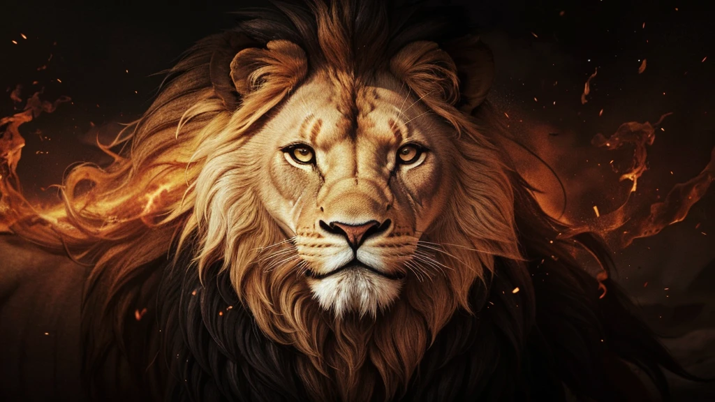 Lion, Divine Lion, Detailed Realistic Lion, Golden Lion, Detailed Realistic 16K, Detailed Realistic Textures, Ultra Realismo 8K, Detailed textures, thunders, Sombras Ultra Realismo 8K, Nitidez Detalhada 8K, Fotorrealista 16K, Texturas Fotorrealistas 16K, Contraste Fotorrealista 16K, Cores Fotorrealista, Power Fire, Realistic Textures 8K, detailed shadows, detailed colors, sunset, Sunset, Sunset, naturey Linda, Great Divine, sunset, detailed contrast, realistic contrast, high resolution, divine creature, 8K, Detailed Realistic, 16K, 8K, HD, detailed contrast, realistic contrast, high resolution, detailed colors, fire, Lion Face Realistic, Elegante