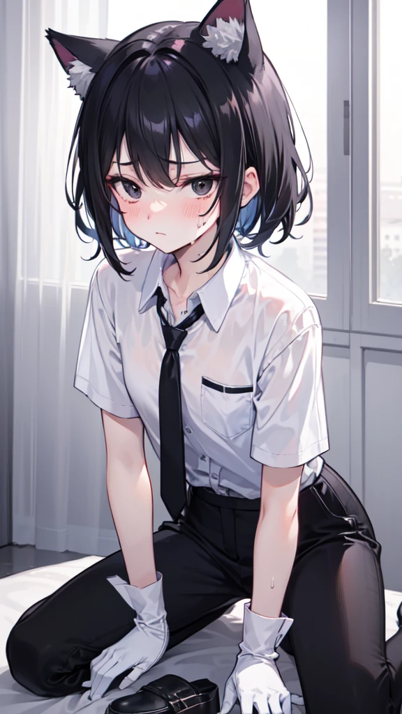 Beautiful woman, (Perfect Anatomy), Slender、(OL、White short sleeve shirt、vest、bow tie, detailed side tie panty), (Look down), (Pussy juice:1.1)、(Hug your chest)、20-year-old、(highest quality)、Black Hair, short hair、 Messy Hair、bedroom、Sitting on the bed、(Cutting seat:1.1), (8k, High resolution)、(Embarrassing:1.4)、(blush:1.1), medium breast, (steam:1.1), embarrassed, 