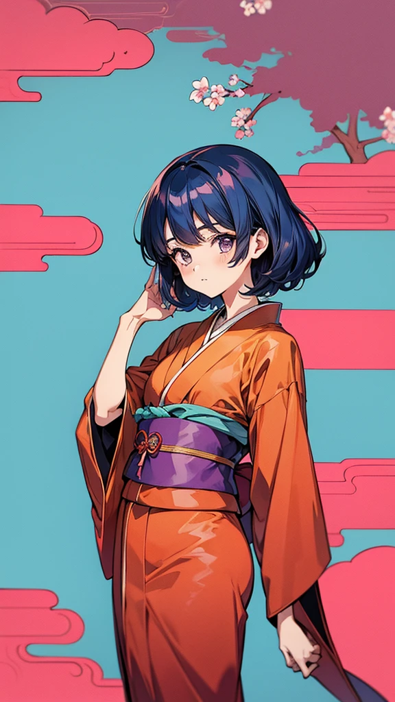 Retro anime style Showa girl kimono boz hair Japanese style background