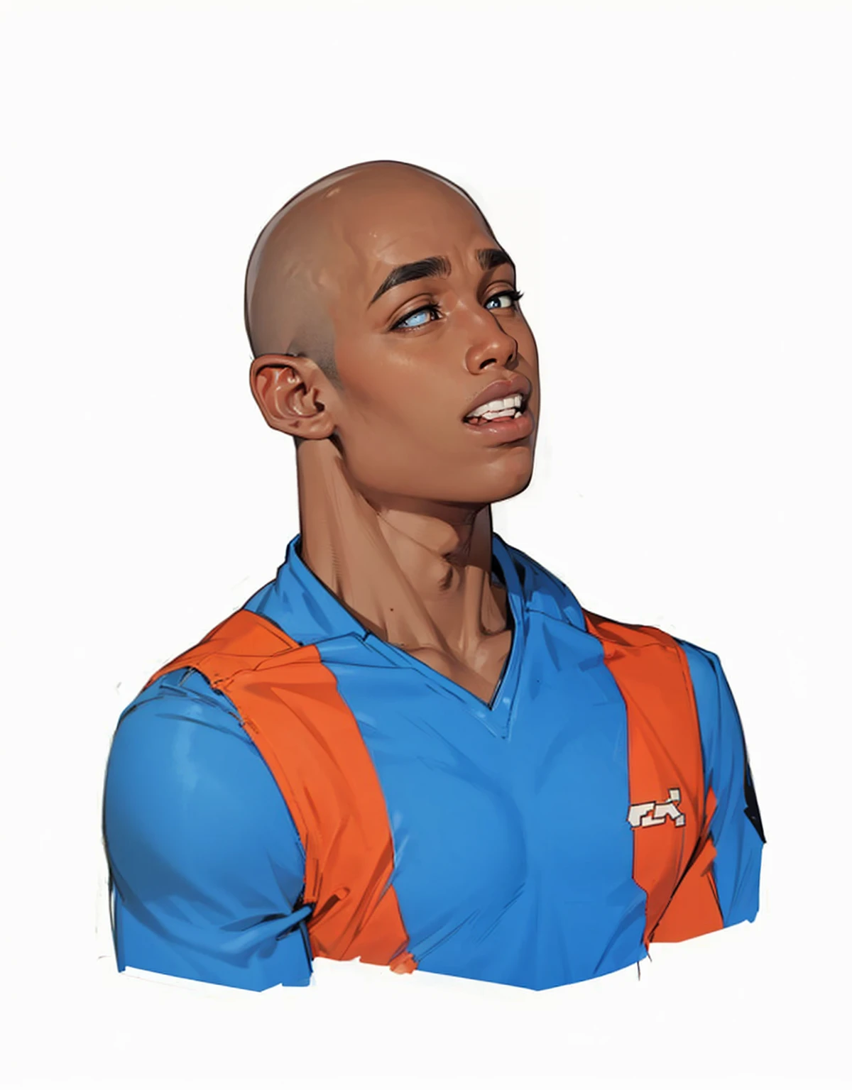 black boy, 19 years old, very handsome, beautiful face, bald, defined muscles, sitting ( with a startled face,surprise with open mouth and wide eyes) wearing team uniform