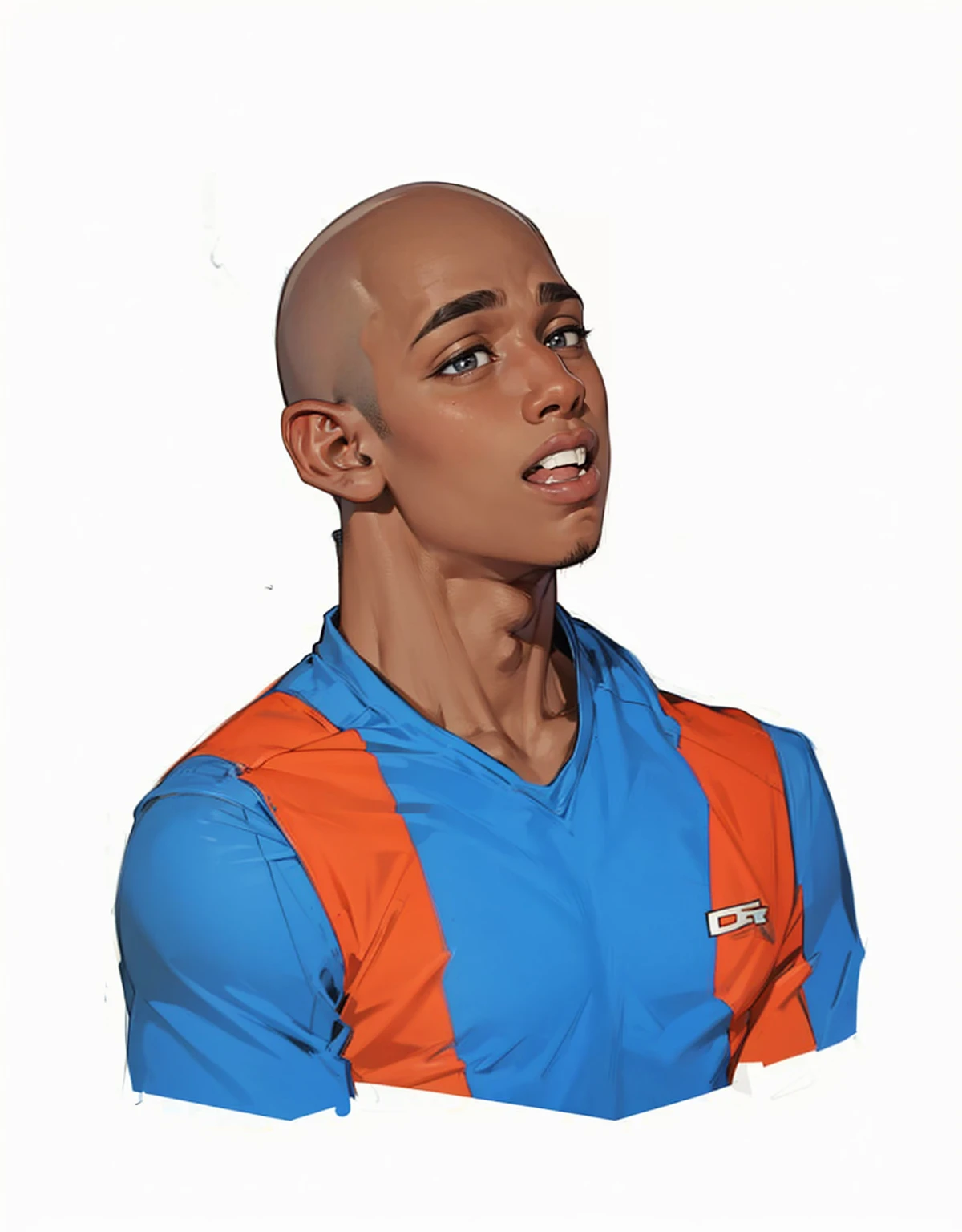 black boy, 19 years old, very handsome, beautiful face, bald, defined muscles, sitting (  with a startled face,surprise with open mouth and wide eyes)  wearing team uniform 