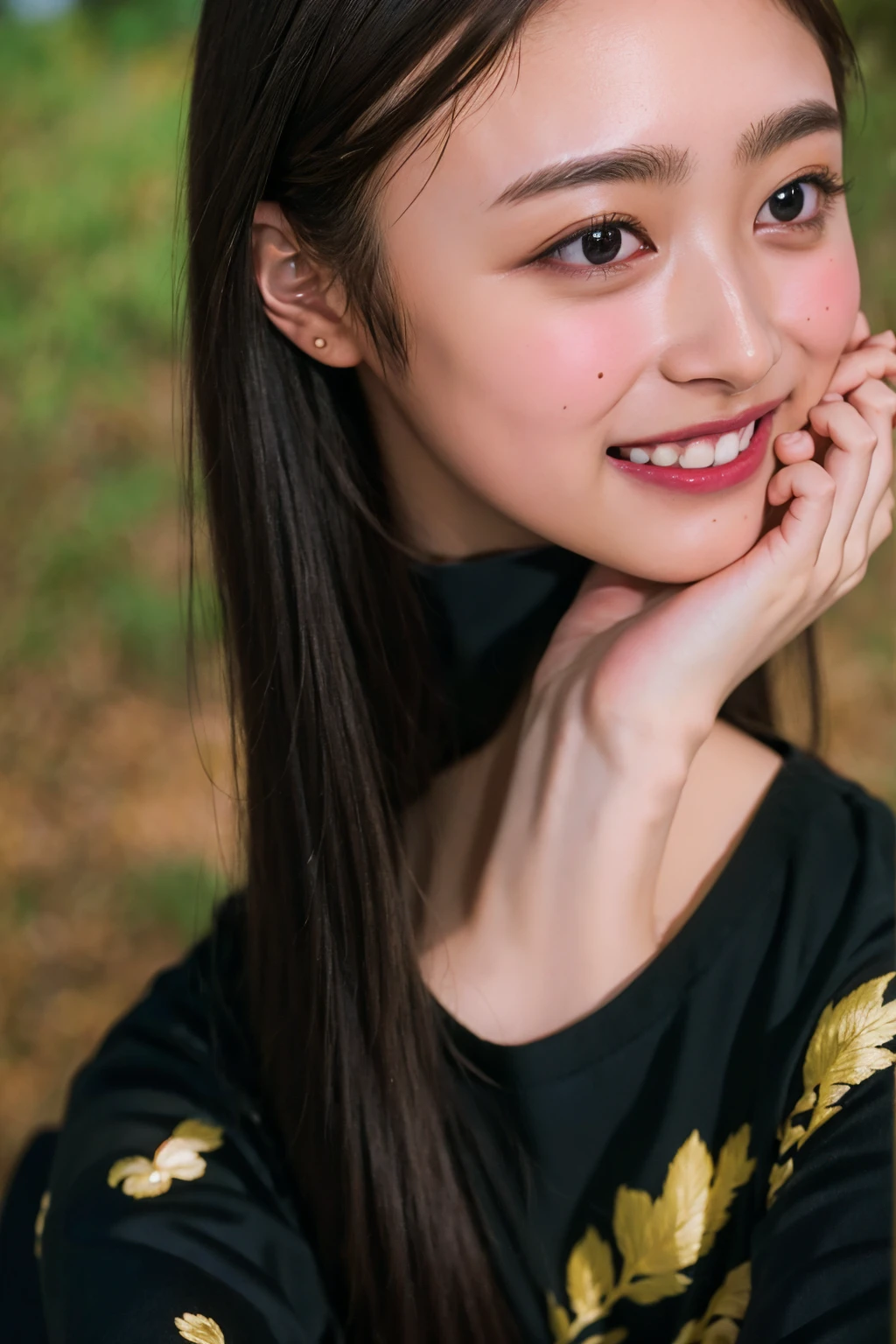 (((upper body shot))),Ultra-high resolution,big eyes,((brown eyes)),Japanese,(forehead),(a girl),(1 girl),(()),(cute),pretty,((facing at viewer)),arms behind back,grin,(((black shirt)))