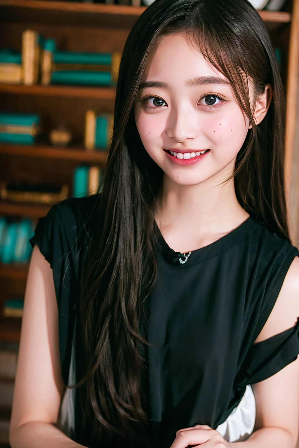 (((upper body shot))),Ultra-high resolution,big eyes,((brown eyes)),Japanese,(forehead),(a girl),(1 girl),((17 years old)),(cute),pretty,((facing at viewer)),arms behind back,grin,(((black shirt)))