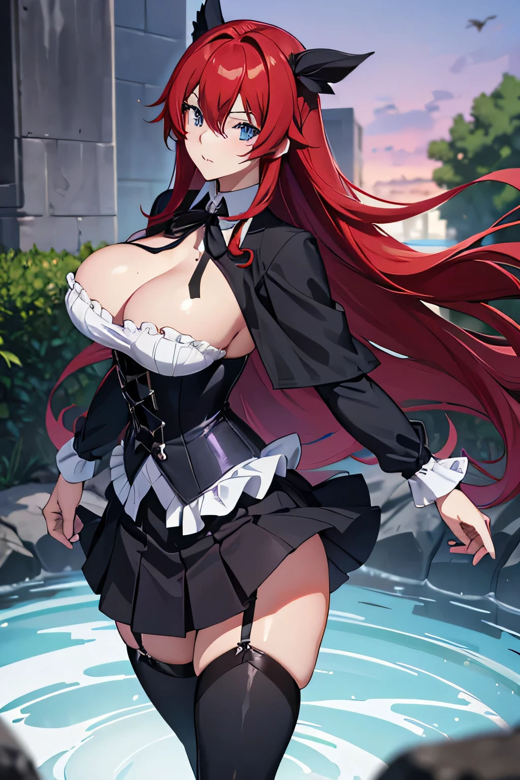 ((masterpiece, best quality)), insaneres, absurdres, solo, looking at viewer, 
ANIME_DxD_Rias_Gremory_ownwaifu, 
1girl, bangs, long hair, red hair, breasts, large breasts, rias gremory, blue eyes, hair between eyes, very long hair, collarbone, hair intakes,  hair over breasts, 
black capelet, black corset, collared shirt, kuoh academy , layered skirt, underbust, , skirt, shirt, long sleeves, purple skirt, ribbon, miniskirt, neck ribbon, thighhighs, black ribbon, 
(wading, looking back), waterfall, depth of field, vanishing point, garden, sidelighting,