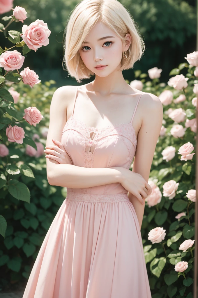 8K, CRU photo, Fujifilm, style photo of a beautiful young woman like Avril in a light pink rose garden (highly detailed skin: 1.2) Style-Petal BREAK short hair, blonde hair with colored highlights, wearing a dress, film grain, 35mm, cute style