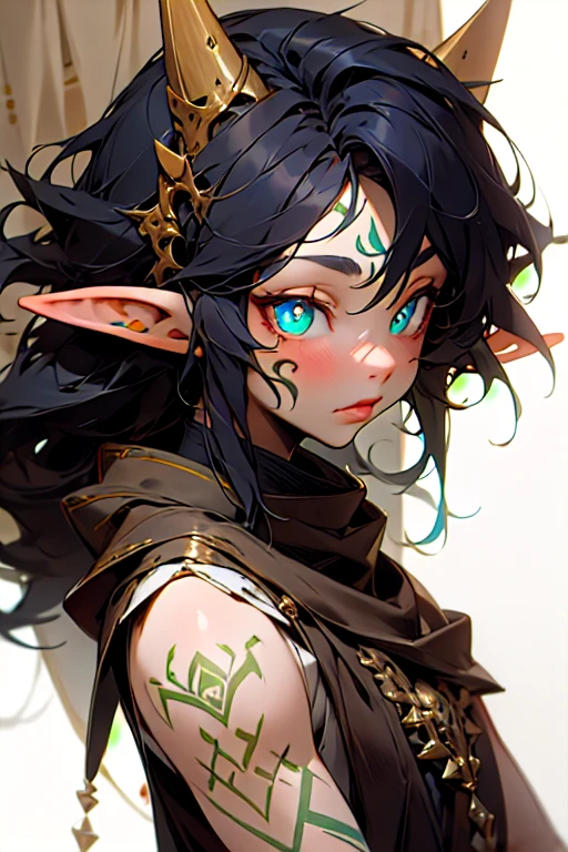 masterpiece, best quality, Elf Male , blue pupils , Black Tied hair , Elf pointer ears , tribal tattoos