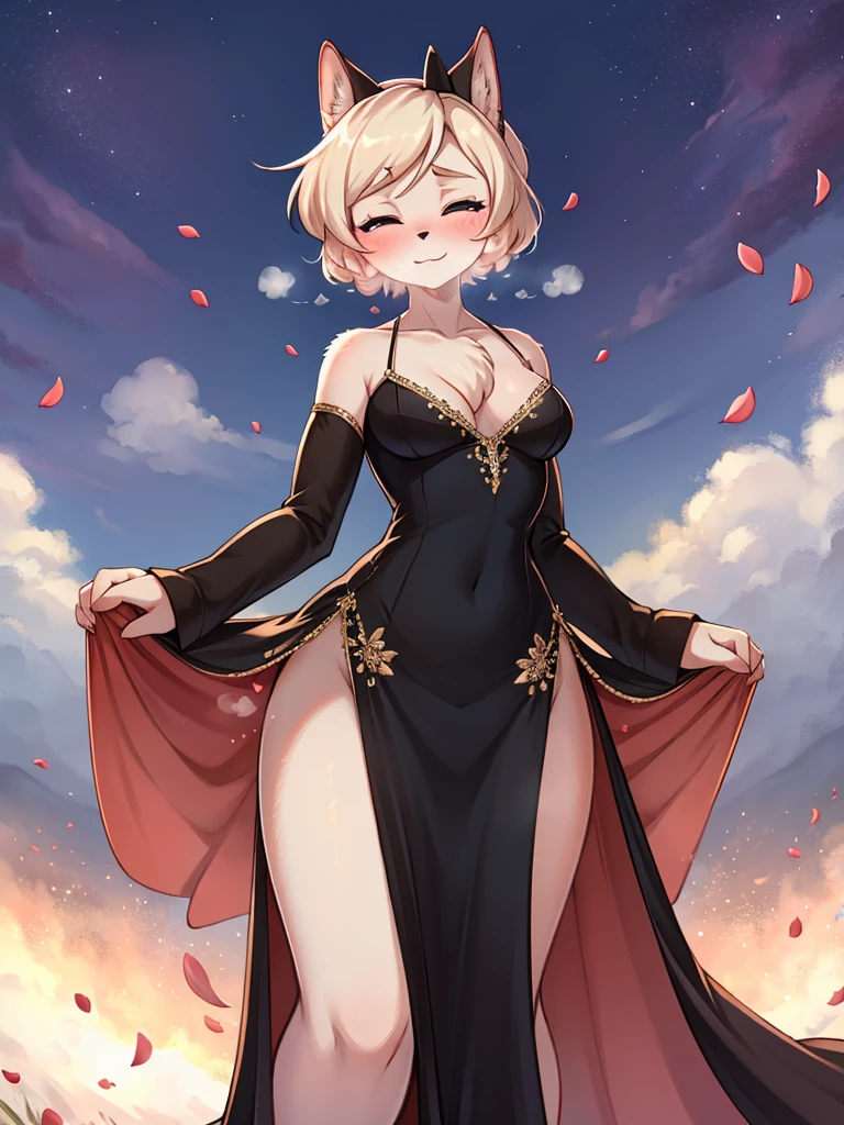 luxury long slit dress, (itchy crotch), steamy breath , (labia:0.9) , Petals fluttering down , The wind blows up , (Marilyn Monroe Pose:0.8)