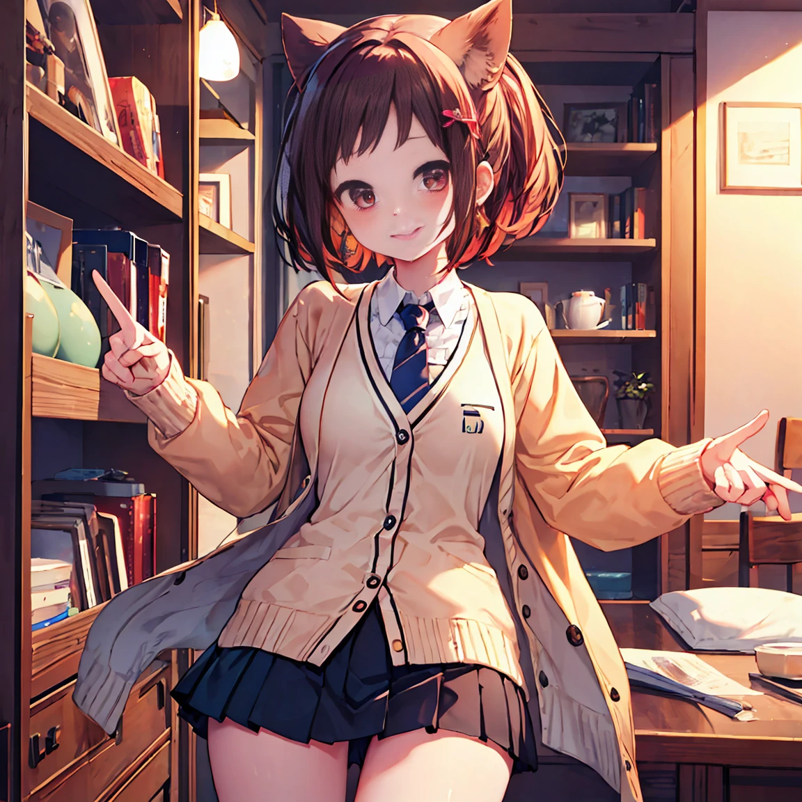 Smile,best Smile,double Peace,cardigan,miniskirt,masterpiece,best quality,ultra detailed,high resolution,extremely detailed CG, (perfect hand),