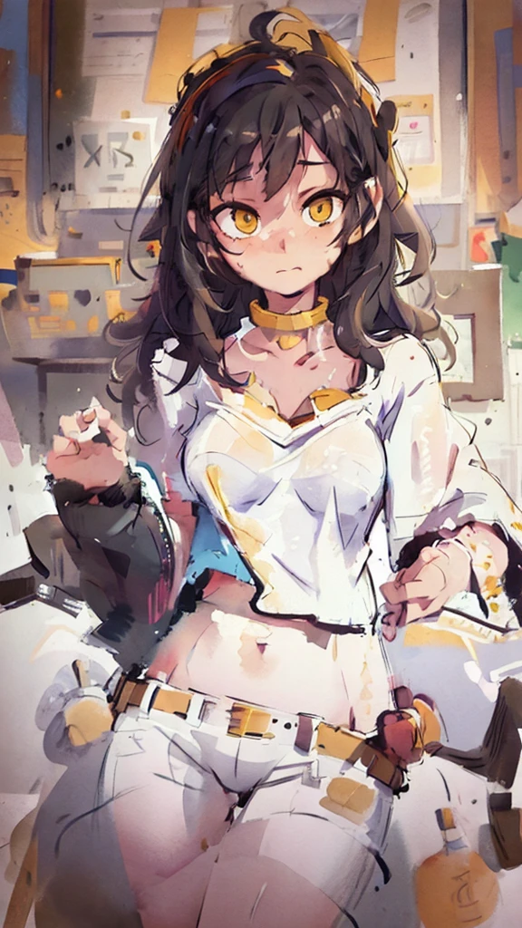 ((best quality, masterpiece)),
One girl, black messy hair, white on background, yellow eyes, ,