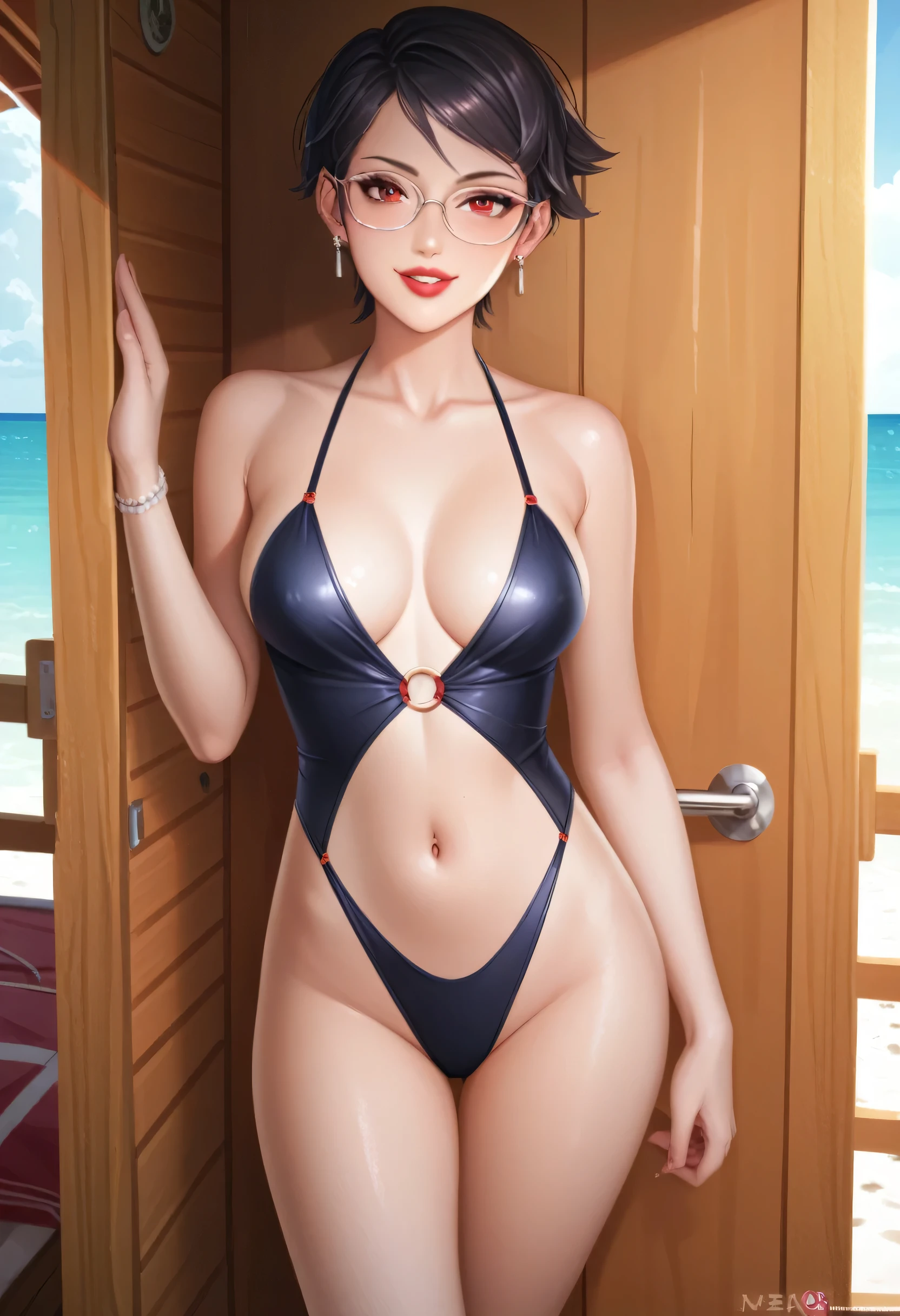 score_9_up, score_8_up, score_7_up, 1girl, solo, mature female, Sarada, looking at viewer, black short hair, red eyes, red lips, parted lips, naughty smile, glasses, black seductive swimsuit, fit slim body, perfect small erected breast,((yacht cabin)), night time, standing tall in seductive pose, 