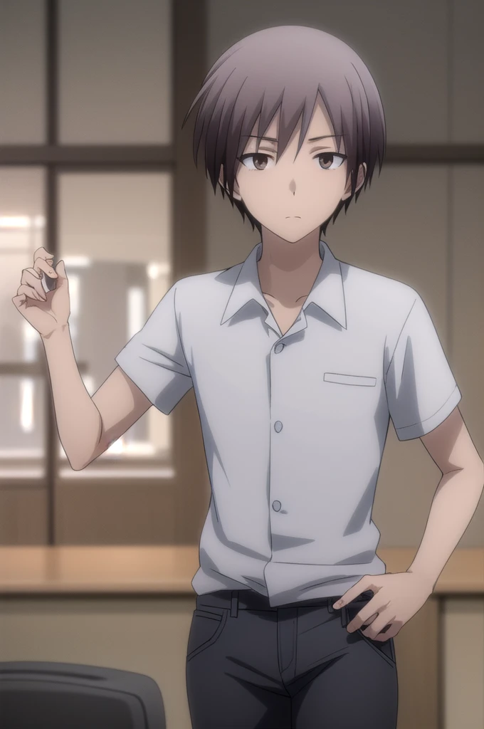 ayumuaikawa, ayumu aikawa, short hair, Grey Hair, (Brown eyes:1.3), Male Focus,
break short hair, shirt, white shirt, collared shirt, pants,
break indoors, classroom,
break looking at viewer, (Cowboy Shot:1.5),
break (masterpiece:1.2), Highest quality, High resolution, unity 8k wallpaper, (figure:0.8), (Beautiful attention to detail:1.6), Highly detailed face, Perfect lighting, Highly detailed CG, (Perfect hands, Perfect ???????),