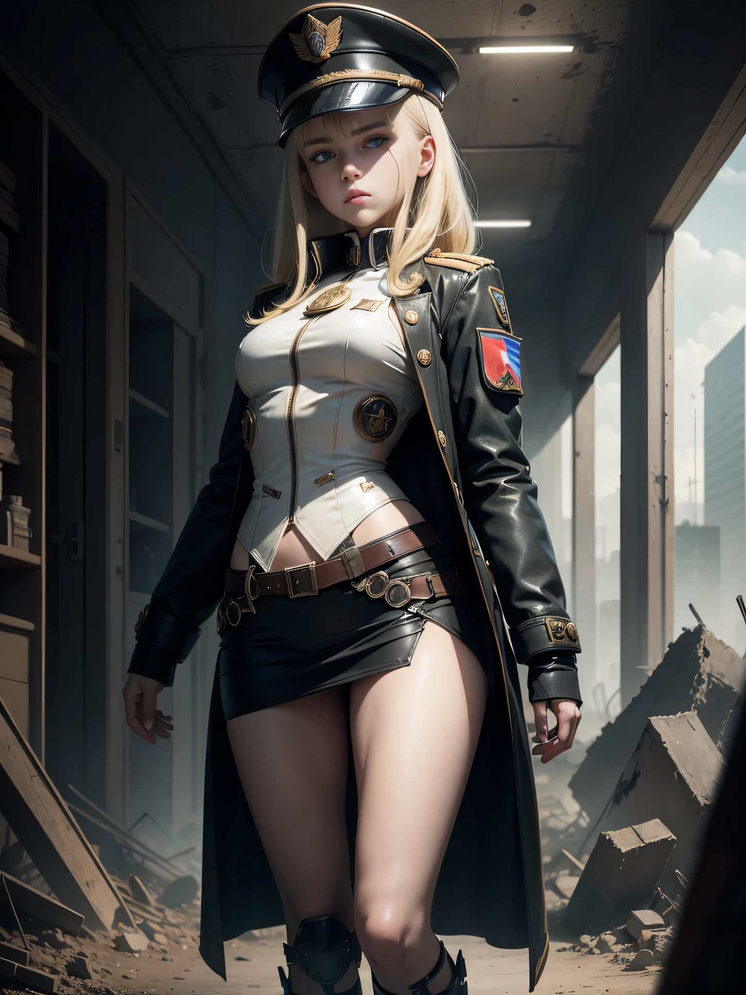 Destroyed towns, Russian girls , Russian anime girls , Full body composition of young girl with messy bright blonde hair, eye make up, 13 year old,
Soft lighting, Solo, Old torn dirty shabby futuristic military uniform, badges, Pose, Blotch color, Octane Render,
Hyperrealistic intricate detail, Cinematic, 8K resolution, 70mm, Accent Lighting, Global Illumination,
Full body portrait, clean detailed faces, a short bob,intricate clothing, Cute face, flat chest, Slim waist, Slim legs, small hips,Caucasian officer's suit,White Officer's Cap,long court,