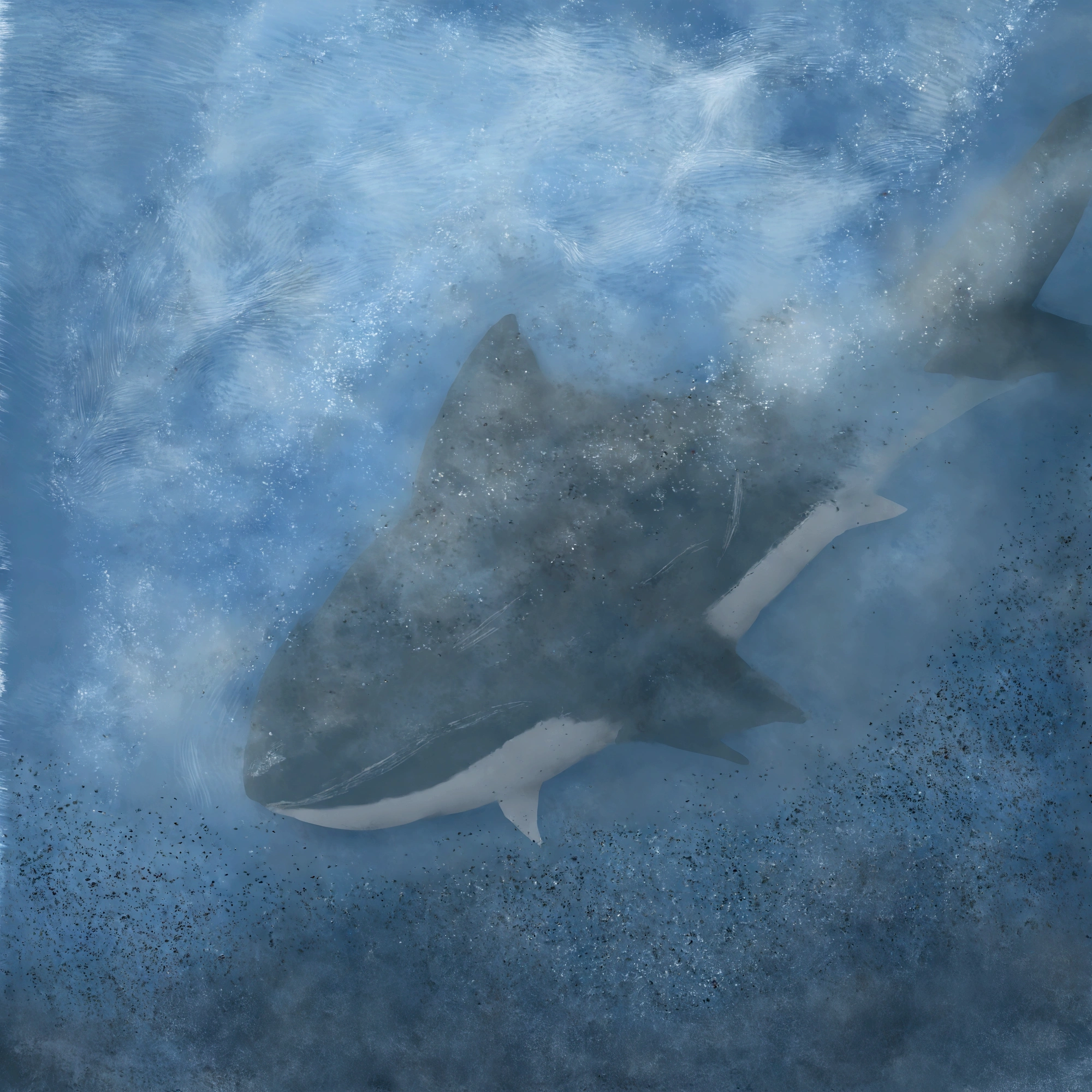 there is a Shark swimming in the water with a blue water behind it, Shark, megalodonte, ocean, anthropomorphic Shark, sharp digitalpainting, great white Shark, realistic illustration, by Thomas Dalziel, rendering, art admirer, sketch of an ocean in ms paint, the brittle. digitalpainting, air brush illustration, photoreal”