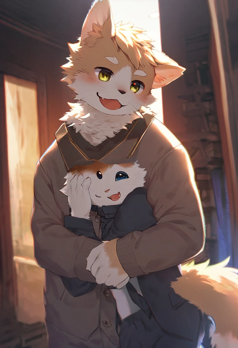 front page, high resolution, Superior quality, Best Quality, paid reward available, incomparable masterpiece, perfect work of art, absurdities, High quality illustrations., súper high resolution, detailed background, perfect anatomy(1 handsome boy, kemono, Sweaters, furry den, hairy body, dog facial features, dog body characteristics)(1 handsome boy, kemono, Suits, furry den, hairy body, cat facial features, cat body features)standing, hugged, SMILE, happy, cinematic lighting,