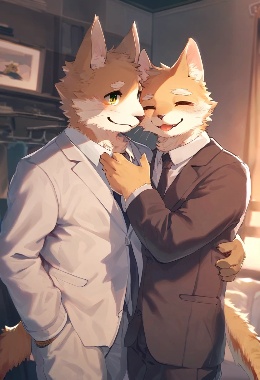 husky boy, young style, suit, erection, spasm, trembling, quivering, trembling, writhing, nipples, anime style, two wolves, intense, whole body, sweaty, spasmodic orgasm, facing forward, penis visible, vivid colors, furry, covered in fur, tail, beastman, feeling, drooling, furryyiff, arching back, standing, kissing, bathroom, , thick body, clothes half removed, pinching nipples, two men in suits