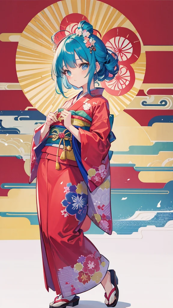 Retro anime style Showa girl kimono boz hair Japanese style background