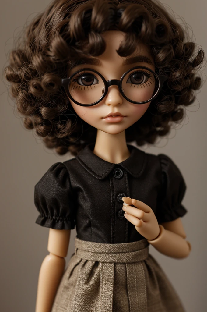 blythe dolls With curly-haired small eyes and glasses, brown skin and a black dress