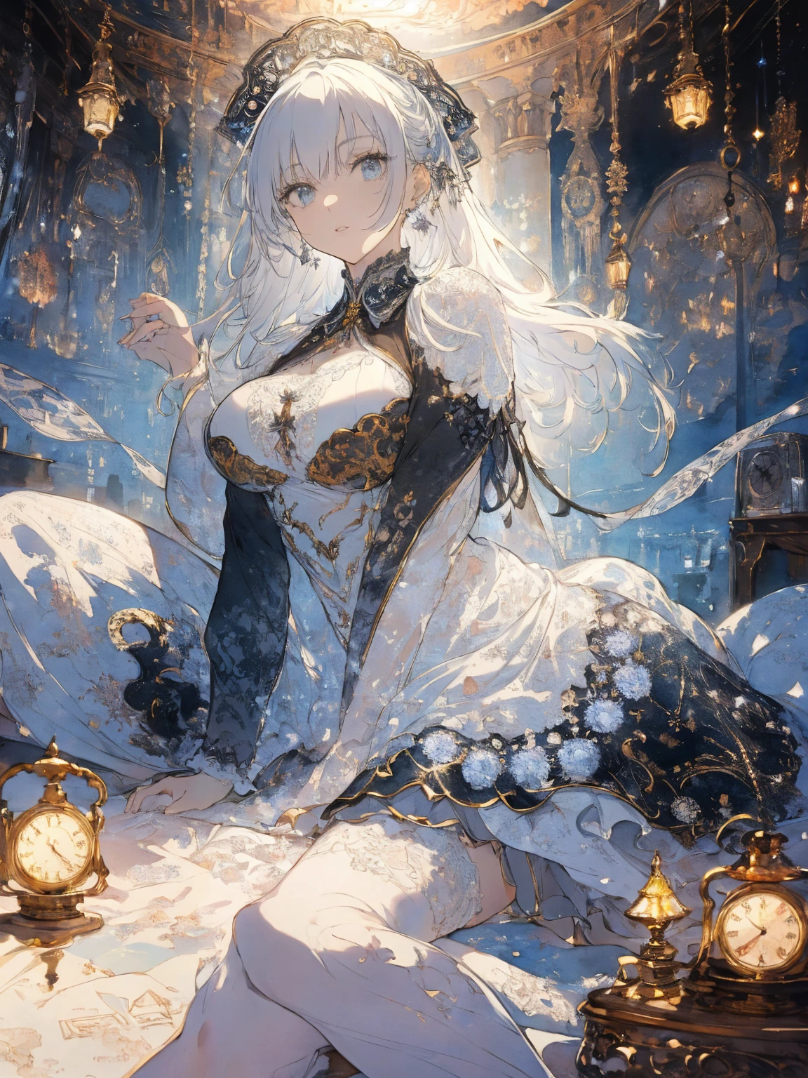 ((1 rapariga)), astounding, beatiful detailed eyes, finely detailled, depth of fields, (best qualtiy),(Most Best Illustration), (best illuminate, Best shadow), (Very fine and beautiful)), Very detailed wallpaper, Dream background, seen from the side,Look into the camera, scenecy, Young girls, (Lori huge breasts cleavage), ((full bodyesbian)), Long gray hair, ((Gray eye)), beatiful detailed eyes, (((long skirt))),Fluffy long sleeves, hair adornments, choker necklace, Light makeup, wind blown, afloat,mirrors,mid-air,starrysky,In heaven,Flying,ventania,kosmos,Sky Island,Yupei,Sit on the,butterflys,Dream