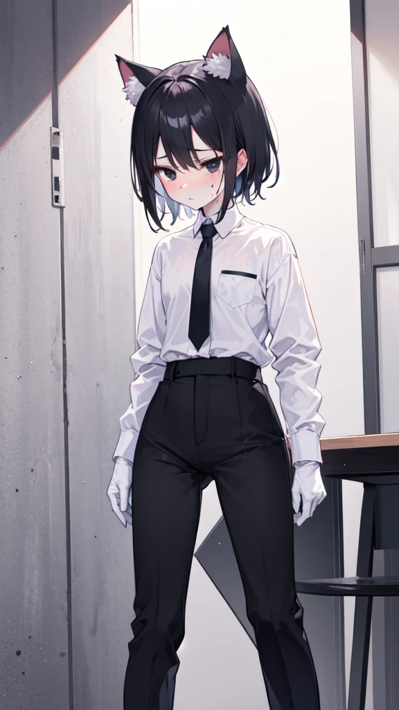 18-year-old Shota，cute，Wear a white long-sleeved shirt and a black work tie，Wear black pants，Wear black booties，Wear white gloves，wear cat ear，Black hair，Black eyes，Very thin waist，Very thin legs，Handsome，Disdainful and cold expression，shy，blush，Sweating，porn，Is giving sexual assault