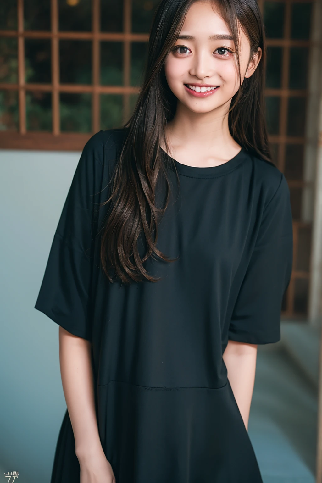Ultra-high resolution,big eyes,((brown eyes)),Japanese,(forehead),(a girl),(1 girl),((17 years old)),(cute),pretty,((facing at viewer)),arms behind back,grin,(((black clothes)))