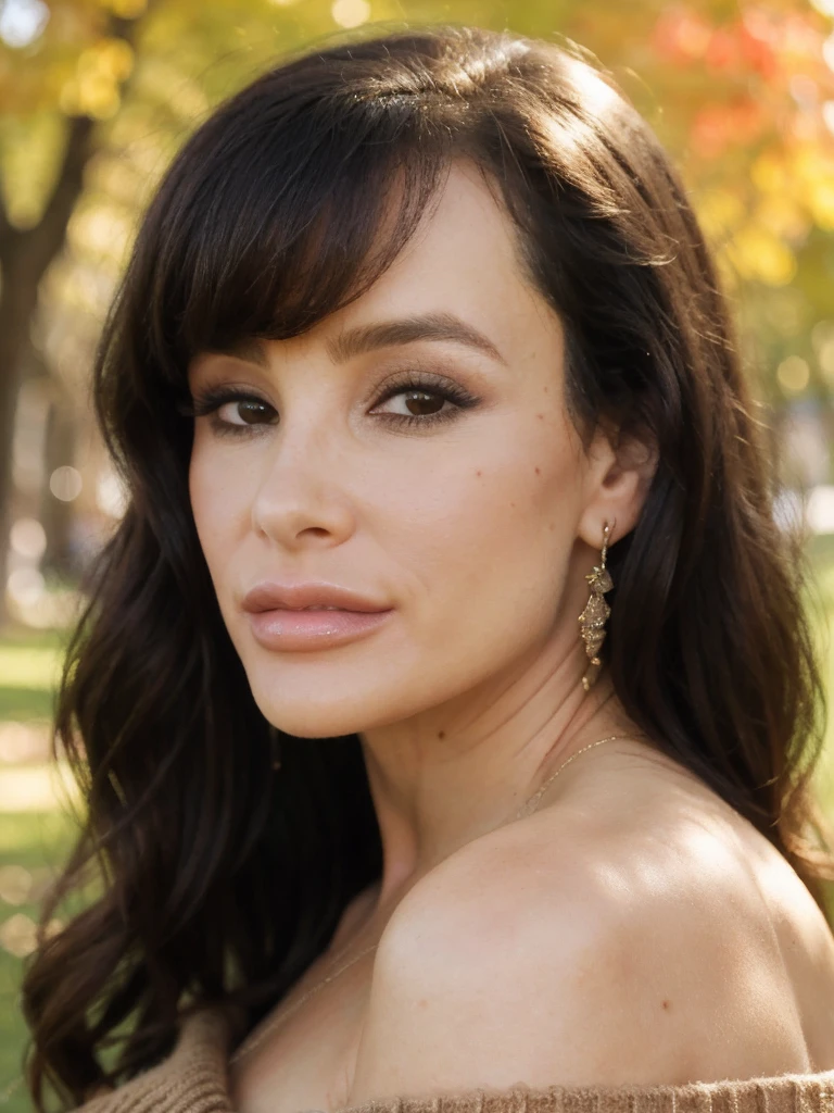 (closeup headshot:1.2), lisaann, a beautiful woman, long perfect hair, (wearing off-shoulder-jumper:1.2), (city park, autumn:1.2),  (analog, cinematic, film grain), ((detailed eyes)), (color picture:1.1), Fujifilm XT3,  