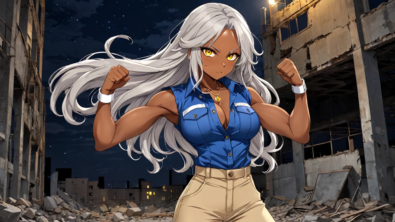 Brown skin beautiful sexy anime girl with long silver hair & yellow eyes & a muscular body, clenching her fists, fight idle pose, wearing blue sleeveless button up collared shirt & beige khaki pants, in a abandoned urban construction site at night time, 1girl