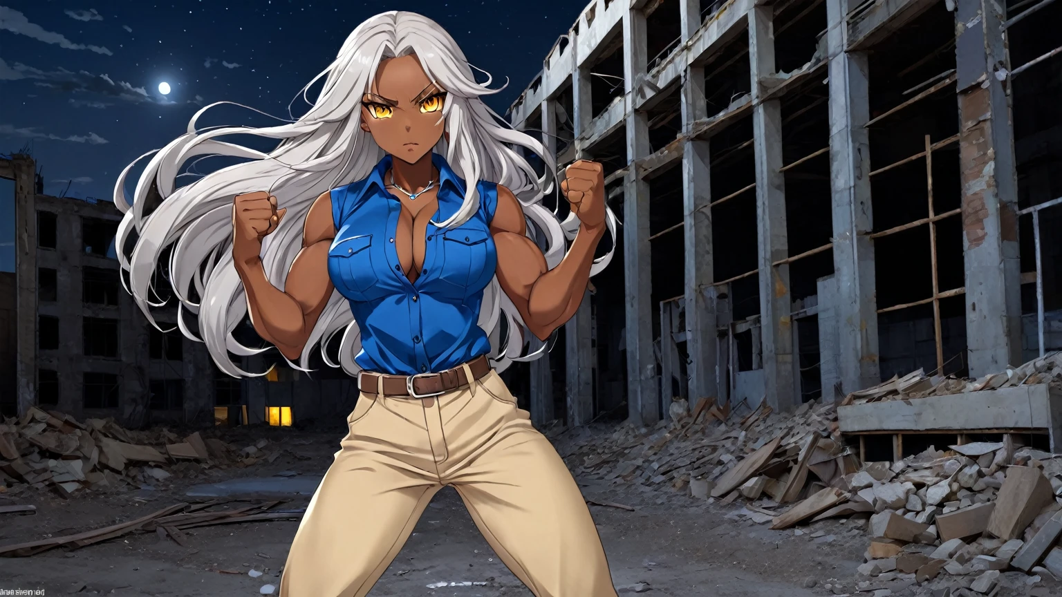 Brown skin beautiful sexy anime girl with long silver hair & yellow eyes & a muscular body, clenching her fists, fight idle pose, wearing blue sleeveless button up collared shirt & beige khaki pants, in a abandoned urban construction site at night time, 1girl