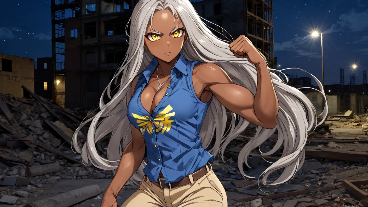 Brown skin beautiful sexy anime girl with long silver hair & yellow eyes & a muscular body, clenching her fists, fight idle pose, wearing blue sleeveless button up collared shirt & beige khaki pants, in a abandoned urban construction site at night time, 1girl