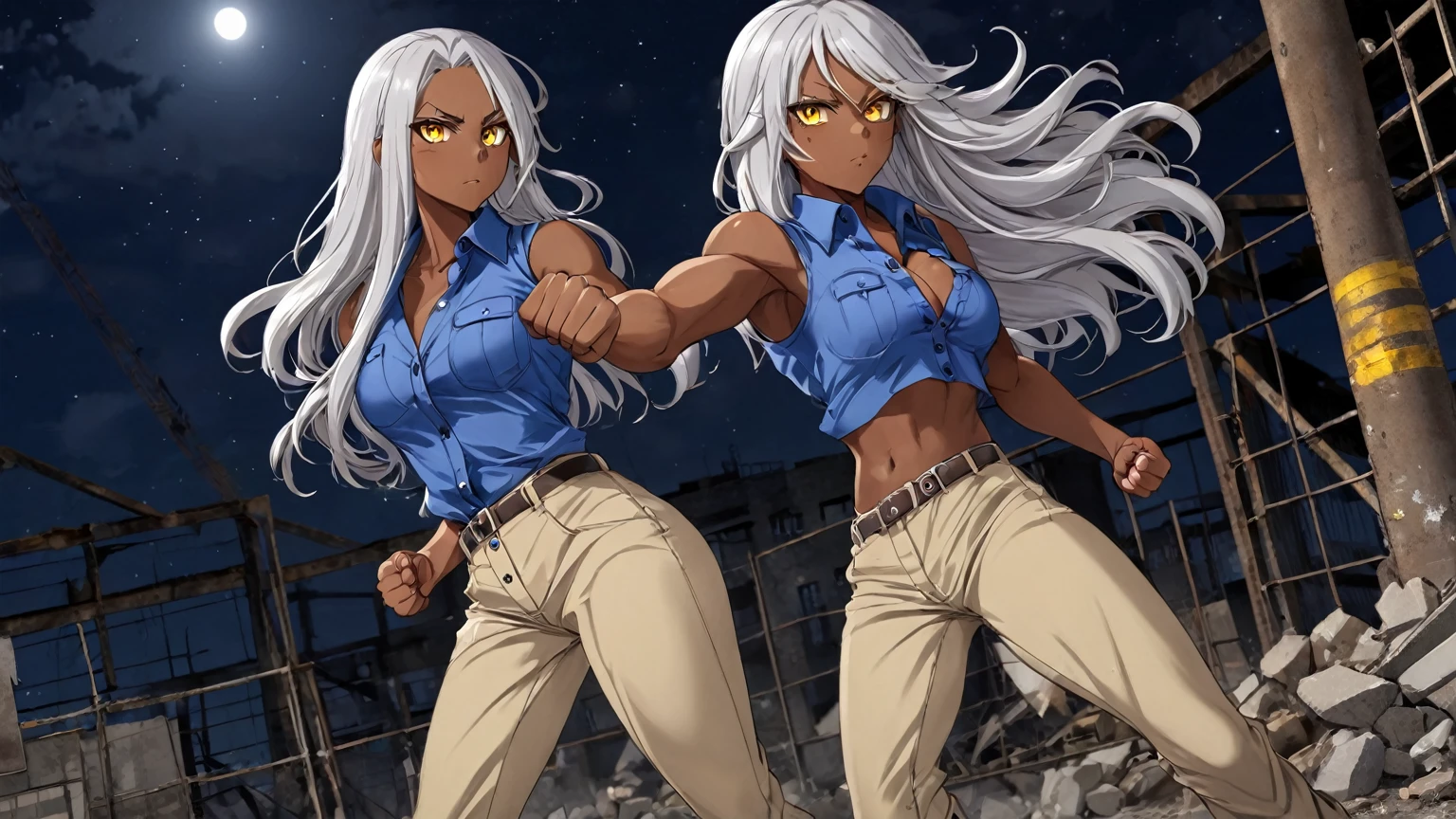 Brown skin beautiful sexy anime girl with long silver hair & yellow eyes & a muscular body, clenching her fists, fight idle pose, wearing blue sleeveless button up collared shirt & beige khaki pants, in a abandoned urban construction site at night time, 1girl