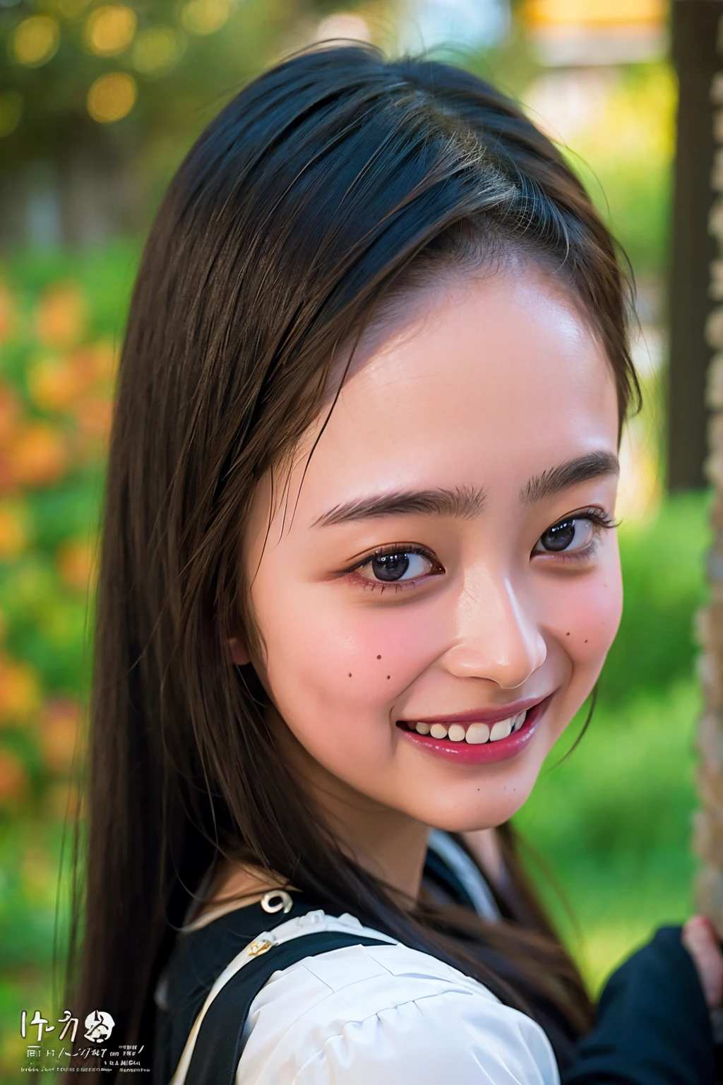 Ultra-high resolution,big eyes,((brown eyes)),Japanese,(forehead),(a girl),(1 girl),((************)),(cute),pretty,((facing at viewer)),arms behind back,grin,(((black clothes)))