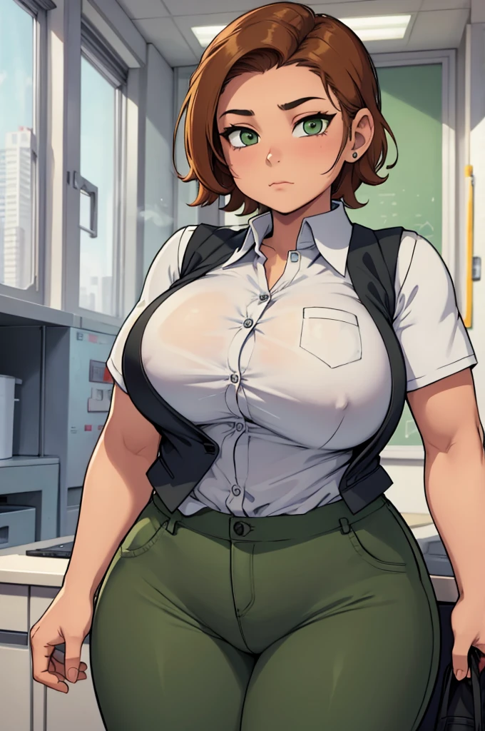 cute young chubby girl with short brown hair, Gray-green eyes, thick ass and legs, tiny breast size, school form, school trousers, school shirt and vest