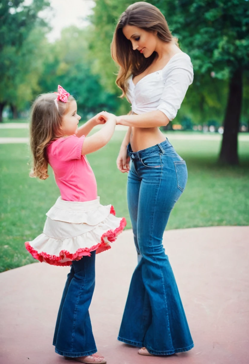 young mother with daughter in jeans with flounce in park, sexy pose, deep focus, vintage film grain, color correction retro style, soft lighting,