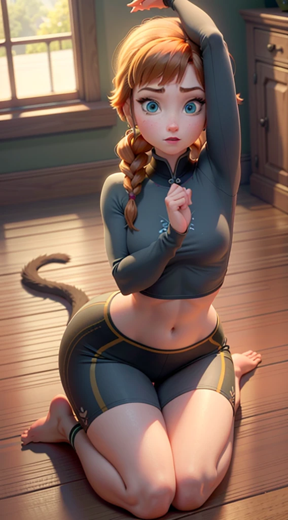 Photo of Anna of Arendelle wearing yoga outfit, doing cat yoga pose