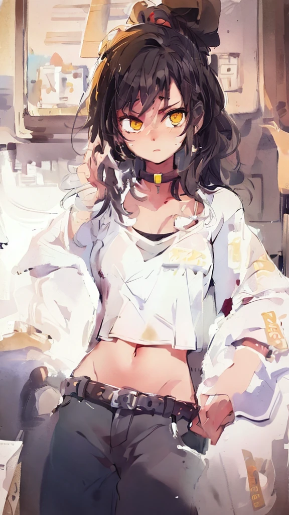 ((best quality, masterpiece)), 
One girl, black messy hair, white on background, yellow eyes, 16 years old,
