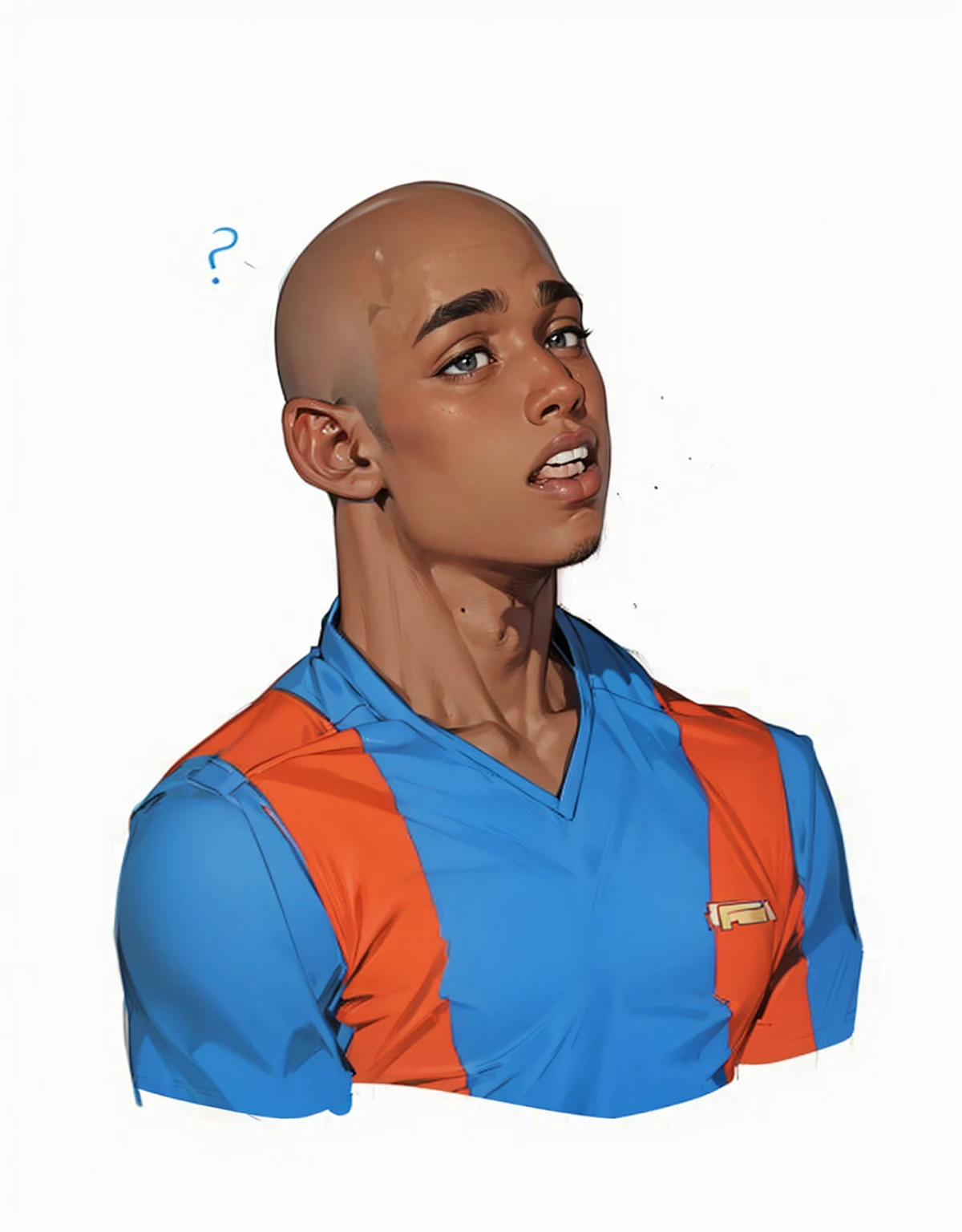 black boy, 19 years old, very handsome, beautiful face, bald, defined muscles, sitting ( with a startled face,surprise with open mouth and wide eyes) wearing team uniform