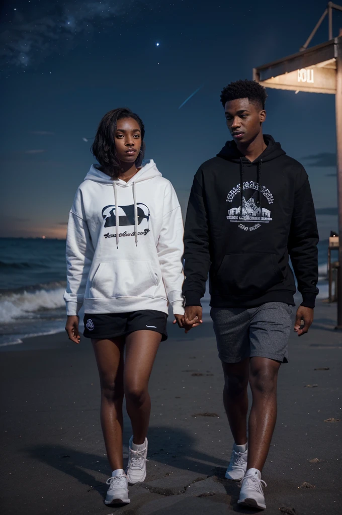 there are handsome boys and beautiful black girls
holding hands while wearing a hoodie,
men's hoodies say "soban", women's hoodies say "sekar".
night beach background.3d animation